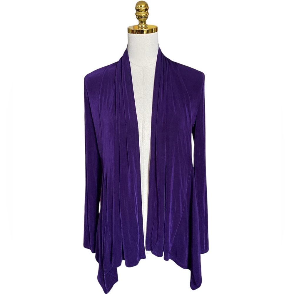 JONES STUDIO Long Sleeve Drape Front Open Silky Cardigan Purple Womens Size M